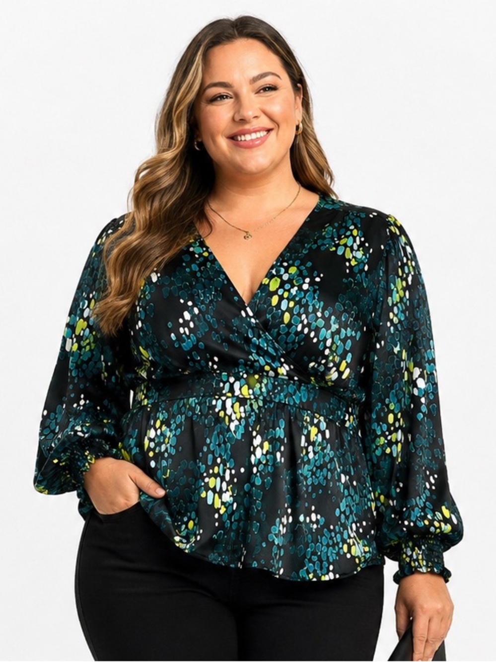 Torrid Satin Surplice Tie Open Back Long Sleeve Blouse Black Abstract Print Sz 2